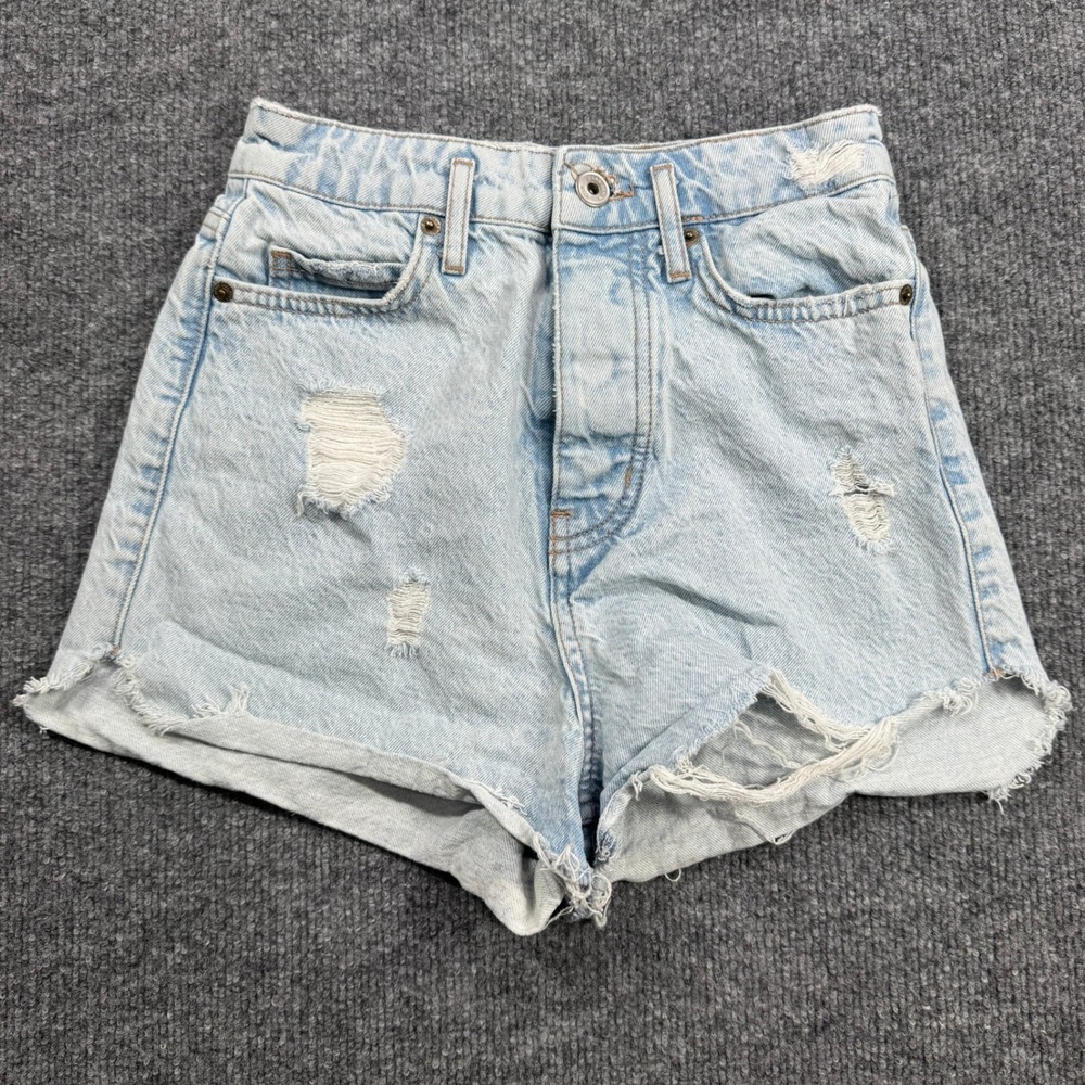 Zara Light Blue Distressed High-Waist Jean Shorts
